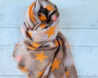 Beige Star Scarf: Cotton Viscose Celestial Shawl