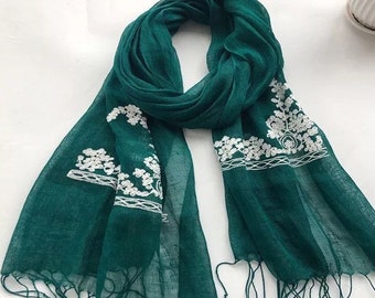 Linen Thread Embroidered Emerald Green Scarf/ Womens Pure Linen/ Cotton Head Scarf Hijab/ Gift for Her Sister Mum/Accessories