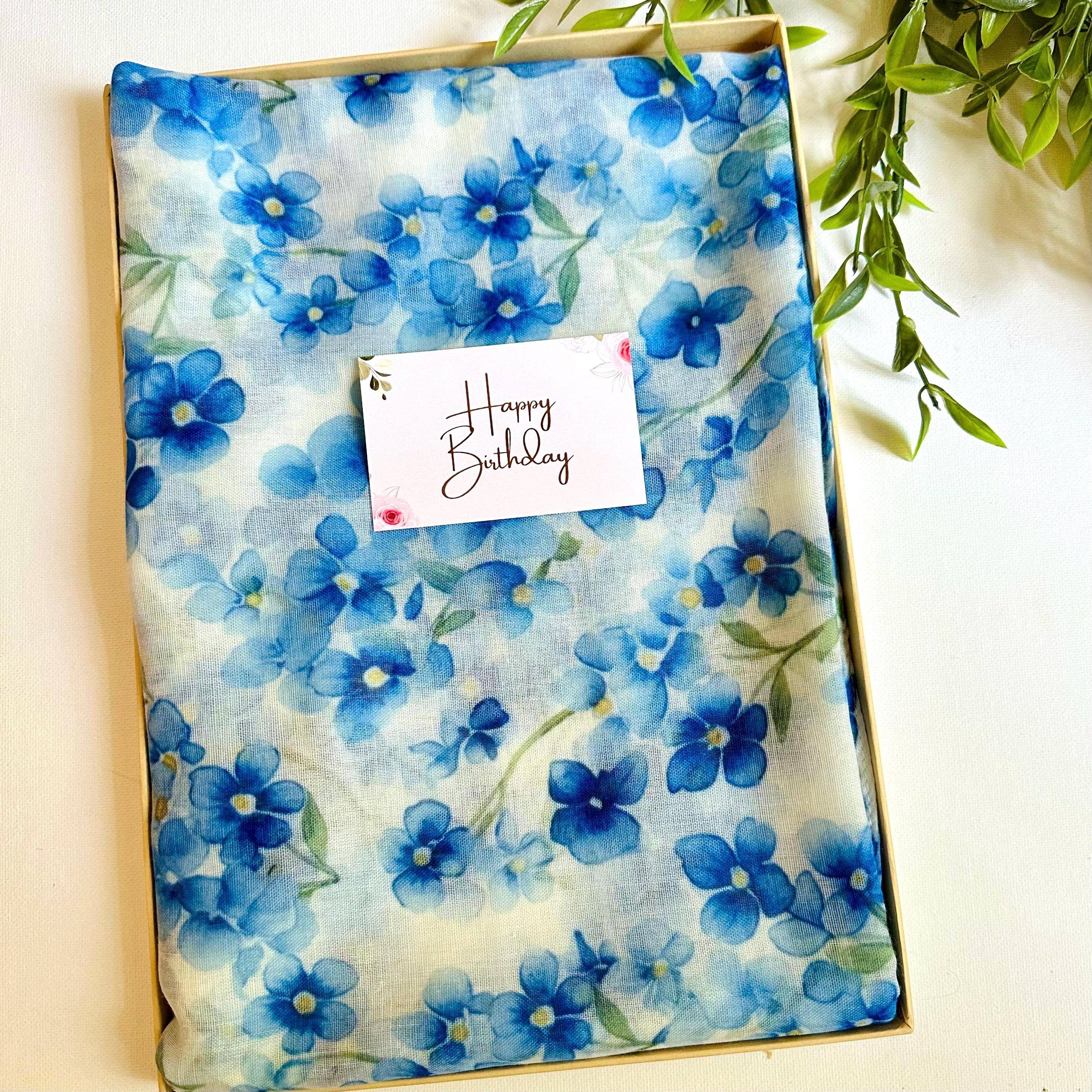 Forget-Me-Not Scarf Blue Floral Cotton HeadScarf Birthday Gift for Mum Her