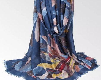 Écharpe bleue pour femmes/ Imprimé plumes/ Écharpe en coton Hijab/ Écharpe d'été/ Léger/ Écharpe de plage/ Grande écharpe/ Design bohème