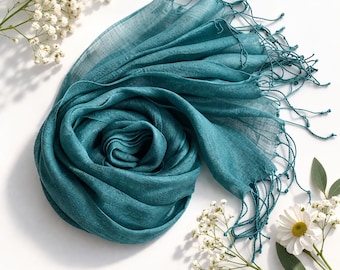 Sea Green Linen Scarf with Tassels, Lightweight Boho Wrap, Soft Summer Shawl, Women’s Fashion Scarf, Gift for Her