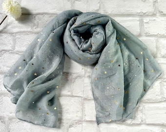 Smoke Grey Star Scarf: Celestial Cotton Blend Shawl
