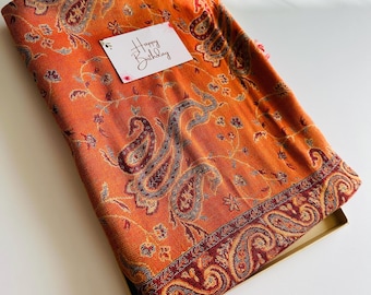 Orange Paisley Pashmina Scarf: Winter Tassel Wrap Birthday Gift for Her Mum Friend