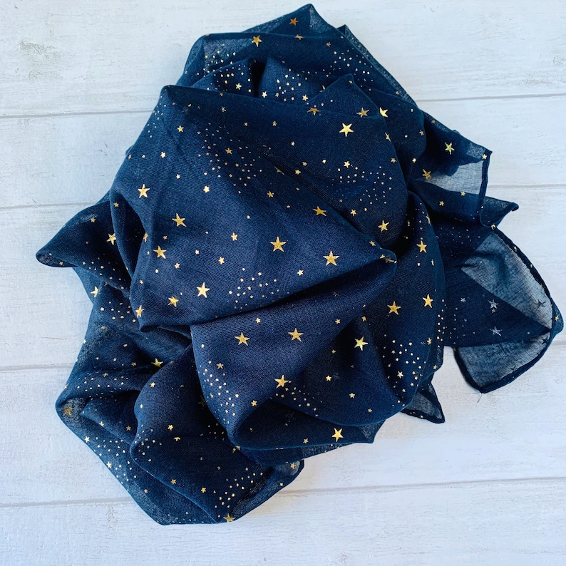 Midnight Blue Twinkle Stars Cotton Scarf/ Summer Holiday Accessories Hijab/Gifts For Mother Her Women/Birthday Gifts image 3