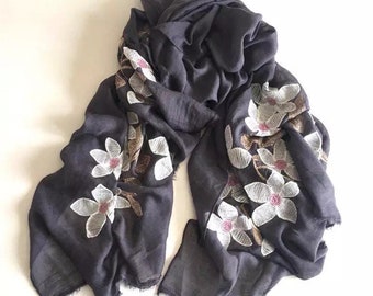 Embroidered Flower Grey Scarf/ Women’s Scarf Autumn Winter Scarf /Hijab Headscarf / Gifts for Mum Her Sister/ Mother’s Day Gifts