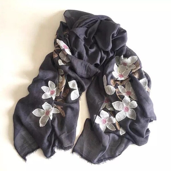 Embroidered Flower Grey Scarf/ Women’s Scarf Autumn Winter Scarf /Hijab Headscarf / Gifts for Mum Her Sister/ Mother’s Day Gifts