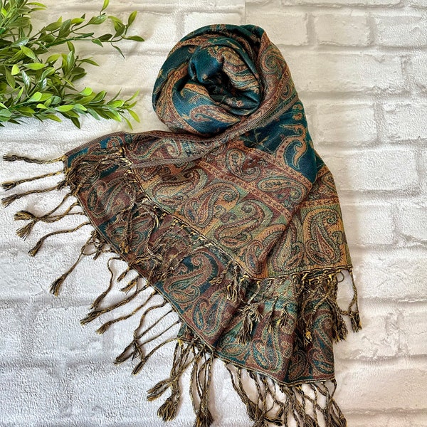 Emerald Paisley Pashmina Scarf with Tassels, Ethnic Style Wrap Gift For Her Mum