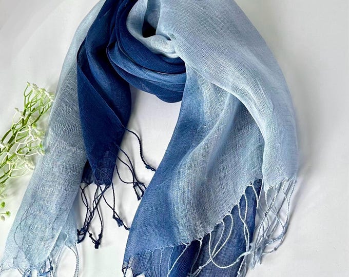 Blue & White Linen Scarf – Lightweight Two-Tone Shawl with Tassels Birthday Gift For Her