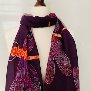 Dragonfly Silk Cotton Purple Scarf, Dragonfly Printed Silk Scarf - Silk Chiffon Scarf With Dragonfly Print - Silk Scarf with Dragonfly Print
