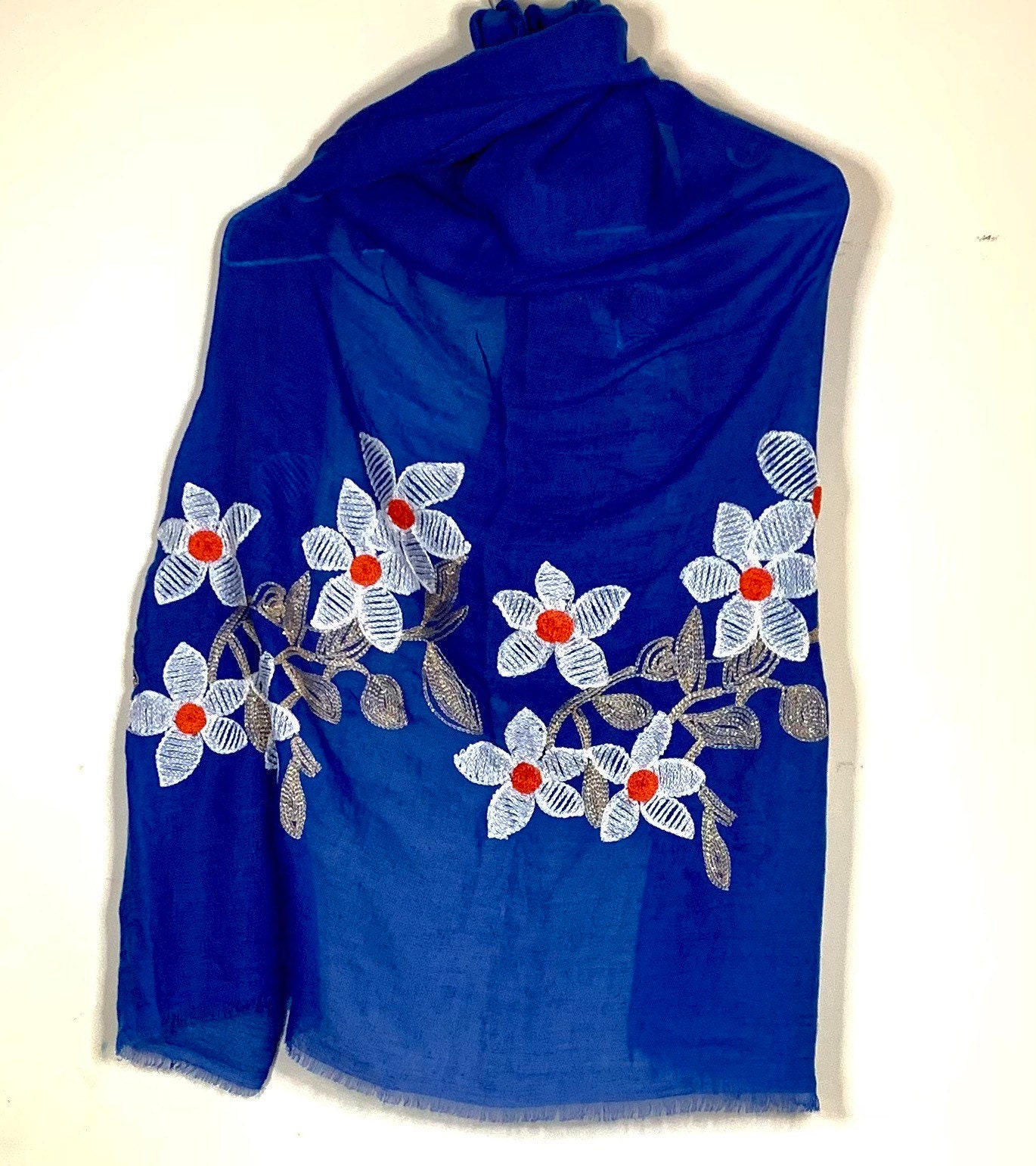 Embroidered Blue Cotton Linen Scarf/ Womens Scarf Autumn Winter Scarf