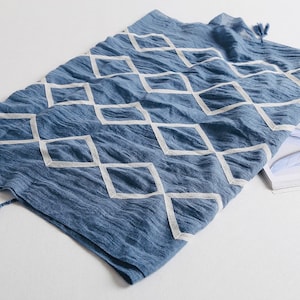 Embroidered Denim Blue Scarf: Diamond Stitch Tassel Shawl