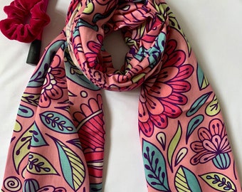 Pink Leaf Indian Cotton Scarf: Vintage Floral Shawl Wrap