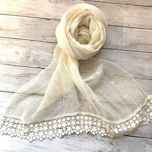 Linen Ivory Crochet Scarf/ Womens Pure Linen/ Cotton Hijab/ Pashmina/ Gift for Her Sister Bridesmaid Mum/ Mother’s Day/ HeadScarf Letterbox