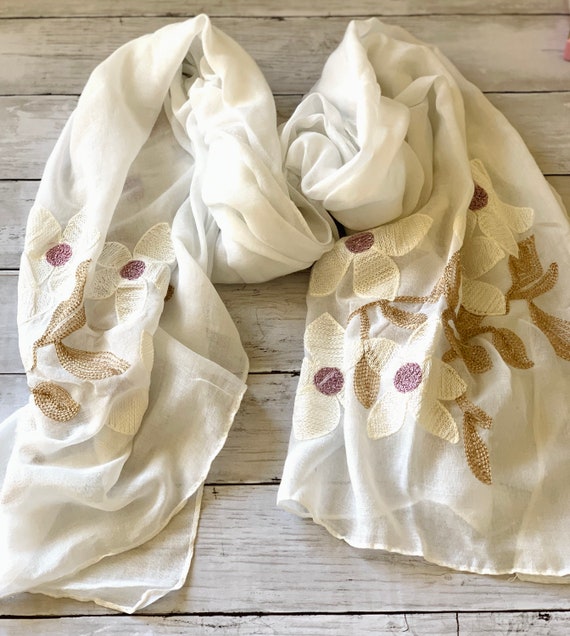 White Embroidered Flower Scarf Cotton Hijab Headscarf Gifts for