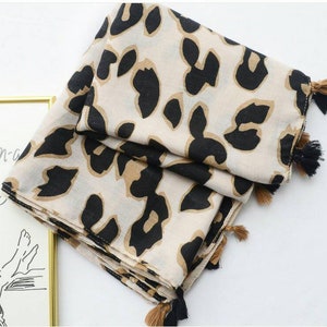 Leopard Print Viscose Scarf with Tassels