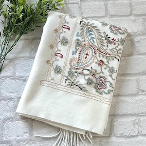 Embroidered Large Soft Cream Scarf/ Womens Winter Shawl Hijab Headscarf / Gifts for Her/ Birthday Christmas Gifts