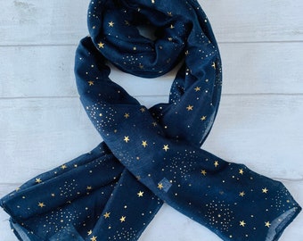 Midnight Blue Twinkle Stars Cotton Scarf/ Summer Holiday Accessories Hijab/Gifts For Mother Her Women/Birthday Gifts