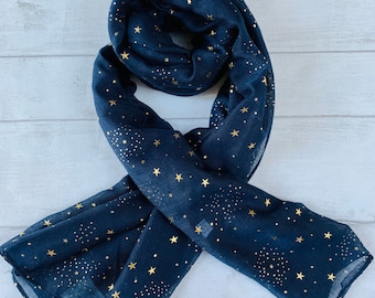 Midnight Blue Star Cotton Scarf: Celestial Hijab Shawl