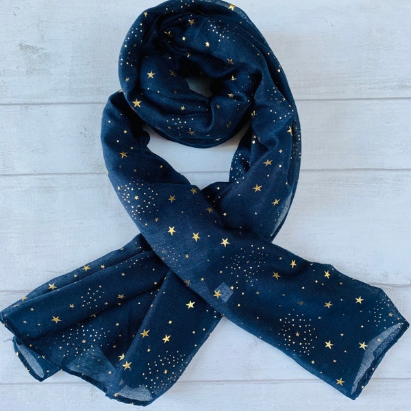 Écharpe en coton bleu nuit Twinkle Stars / Accessoires de vacances d’été Hijab / Cadeaux pour mère ses femmes / Cadeaux d’anniversaire