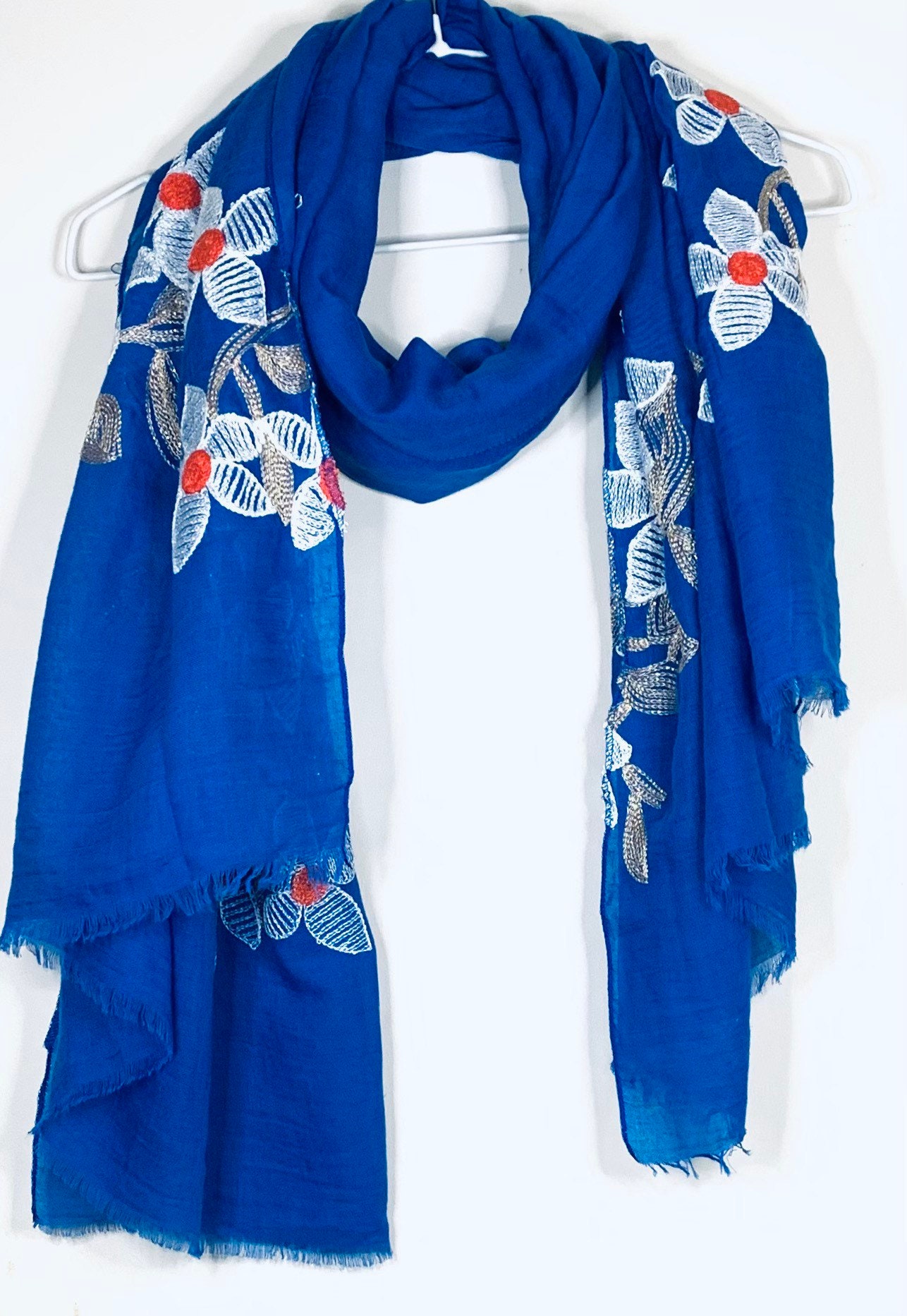 Embroidered Blue Cotton Linen Scarf/ Womens Scarf Autumn Winter Scarf