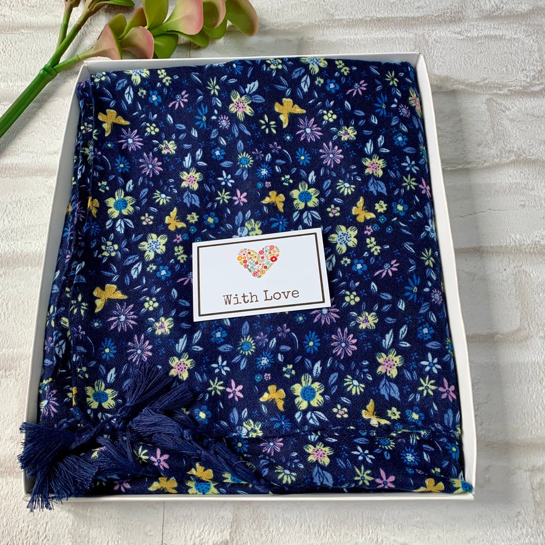 Navy Floral Print Scarf: Cotton Blend Tassel Scarf - Gift Box Option