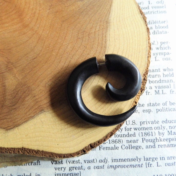 ORGANIC HANDMADE WOOD Earring Extra Small Black Spiral // Men Women Fake Faux Plug Stretcher // Wooden Hoop Vegan Sustainable // Gift Bag