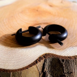 UNISEX WOOD HUGGIES Earrings Hoops Sleeper Small Black Wooden Eco Organic Men Women boho festival ecojewellery sustainable hoop | Handmade
