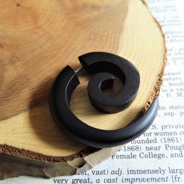 ORGANIC HANDMADE WOOD Earring Men Women // Black Fake Faux Gauge Plug Stretcher // Large Spiral Wooden Hoop // Vegan Sustainable // Gift Bag