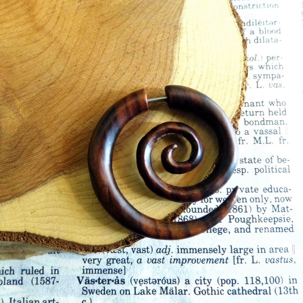 HANDMADE ORGANIC WOOD Earring Men Women Spiral Earrings // Fake Faux Gauge Plug Stretcher // Wooden Hoop // Vegan Sustainable // Gift Bag