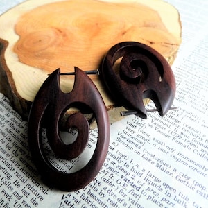 Handmade WOOD HOOP Earrings Eco ORGANIC Wave Tribal Large Ocean Hoops Brown Wooden  Men Women Boho Festival Surfer ecojewellery sustainable