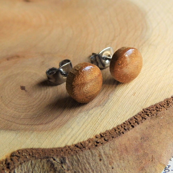 HANDMADE WOOD STUDS Earrings Brown // Organic Small Wooden Earring Men Women // Flat Round Circle Stud Simple Eco Vegan Stud // Gift Bag