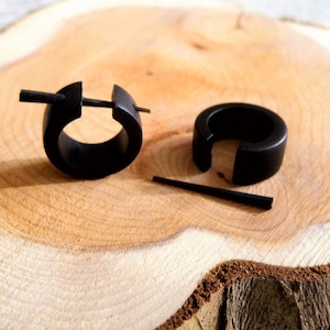 Hoops WOOD HUGGIE Earrings Organic Eco Sleeper Small Black Wooden Unisex Men Women boho festival ecojewellery sustainable Handmade + GiftBag