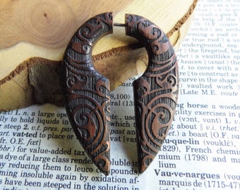 Handmade WOOD ORGANIC EARRING // Celtic Carved Faux Gauge Plug Earrings Crescent Wooden Large Fake Tunnel Hook // Eco Vegan Gift Men Women