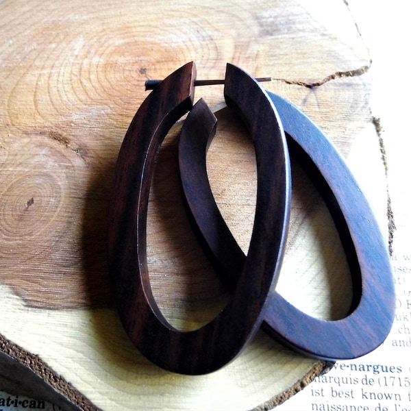 Hoops WOOD EARRINGS ORGANIC Large Oval Long Hoop Eco Brown Wooden Womens Women Boho Festival Earring ecojewellery sustainable // Handmade //