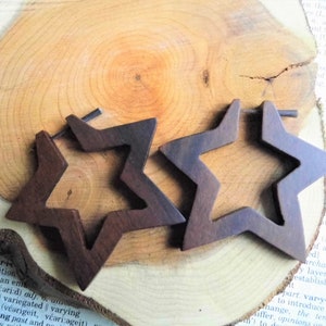 HANDMADE WOOD Earrings Hoops // ORGANIC Large Brown Star Stars Wooden // Womens Boho Festival Creole // Eco Vegan Sustainable // Gift Bag