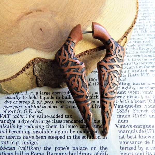 HANDMADE WOOD ORGANIC Earring Celtic Knot Fake Tunnel Gauge // Large Faux Stretcher Brown Wooden Vegan Men Women Sustainable // Gift Bag