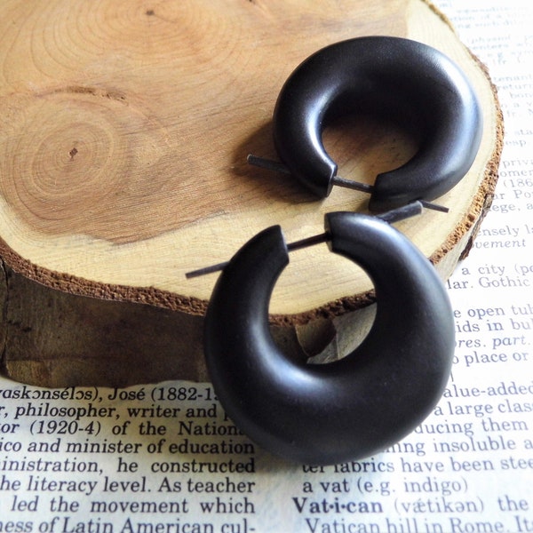 HANDMADE WOOD EARRINGS Hoop // Organic Small to Medium Black Wooden Hoops Earring // Womens Boho Creole // Eco Vegan Sustainable // Gift Bag