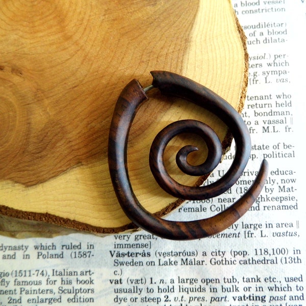 ORGANIC HANDMADE WOOD Earring Men Women Earrings Spiral Triangle // Fake Faux Gauge Plug Stretcher // Large Tribal Wooden Hoop // Gift Bag