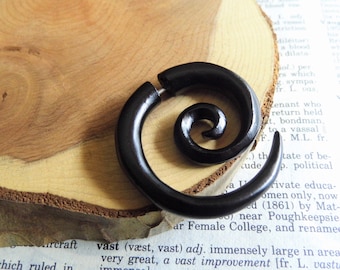 HANDMADE BLACK WOOD Earring Spiral  // Organic Men Women Fake Faux Gauge Plug Stretcher // Tribal Wooden Hoop Vegan Sustainable // Gift Bag