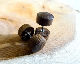 BROWN STUDS WOOD Earrings Wooden Organic // Handmade // Men Women Faux Fake Plug Gauge Round Bar Bell // Sustainable Vegan Stud // Gift Bag