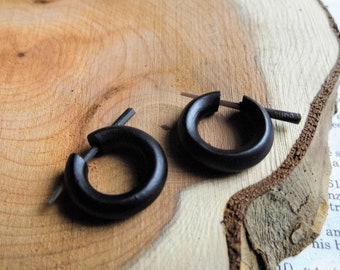 Hoop Eco WOOD ORGANIC HUGGIE Black Earrings Sleeper Extra Small Black Wooden Unisex Men Women festival ecojewellery Sustainable Huggies