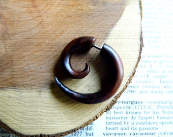 Handmade WOOD ORGANIC EARRING Eco Small Fake Tunnel Hook Gauge Plug Earrings Faux Spiral Wooden Ecojewellery Sustainable // Men or Women //