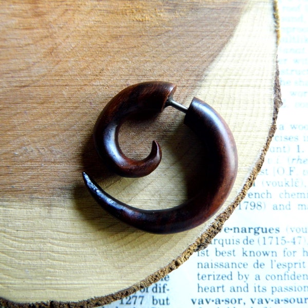 Handmade WOOD ORGANIC EARRING Eco Small Fake Tunnel Hook Gauge Plug Earrings Faux Spiral Wooden Ecojewellery Sustainable // Men or Women //