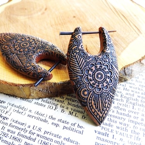 WOODEN EARRINGS HANDMADE Unisex Tribal Eastern Hoops Arrow // Festival Celtic Carved Engraved Wood Earring Hoop Womens Mens Vegan + Gift Bag