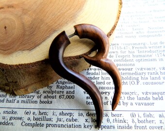 HANDMADE WOOD EARRINGS // Faux Gauge Organic Men Women // Fake Tunnel Plug Stretcher // Brown Wooden Earring Vegan Crescent Hook // Gift Bag