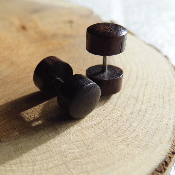 Handmade PAIR of  Stud Earrings WOOD ORGANIC Small Plug Gauge Fake Expander Round Brown Wooden Unisex Men Women ecojewellery sustainable