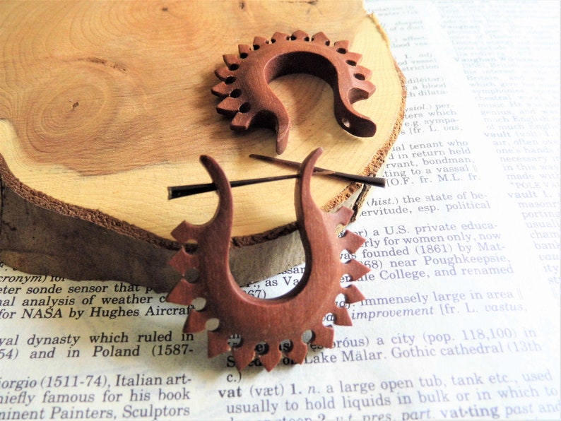 WOOD EARRINGS Fire Hoop ORGANIC Tribal Handmade Carved Wood Earring Hoops Women Brown Decorative Eco Vegan Sustainable Gift Bag