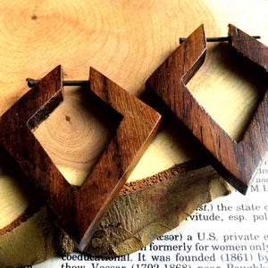 HANDMADE WOOD HOOP Large Earrings 5 cm // Triangle Diamind Hoops Eco Organic Wooden Womens Women // Boho Festival Vegan Earring // Gift Bag