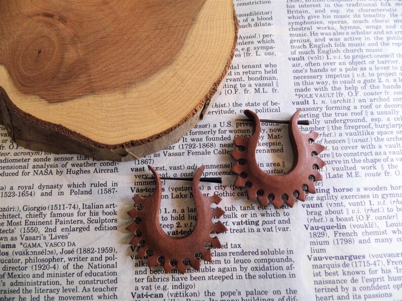 WOOD EARRINGS Fire Hoop ORGANIC Tribal Handmade Carved Wood Earring Hoops Women Brown Decorative Eco Vegan Sustainable Gift Bag