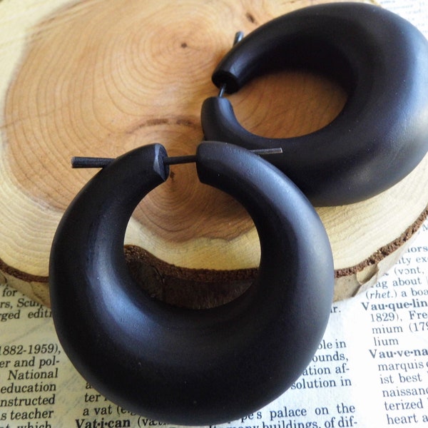 HUGE WOODEN EARRINGS Wood Hoop Black Organic // Extra Extra Large // Mens Womens // Donut Vegan Eco Creole Festival // Handmade // Gift Bag